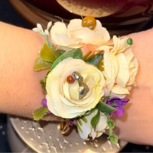 Floral Corsage Bracelet with Cream and Green Accents